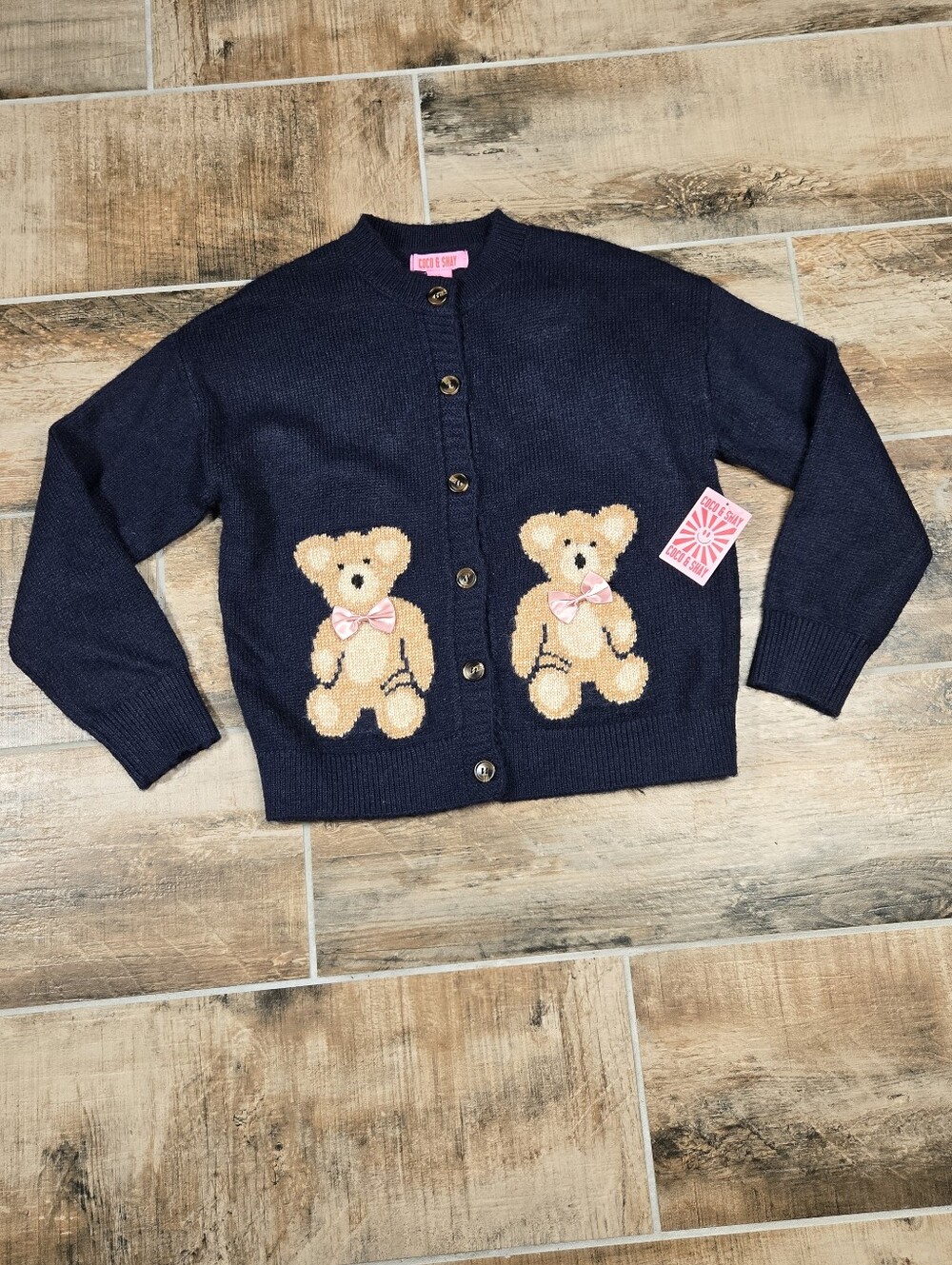 Coco & Shay Teddy Bear Navy Cardigan Sweater Size Large Pink Bows Soft Cozy NEW